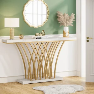 Tribesigns 59 Inch Gouden Consoletafel, Moderne Toegangstafel Met Rastervormige Metalen Voet Voor Ingang, Gang, Ingang