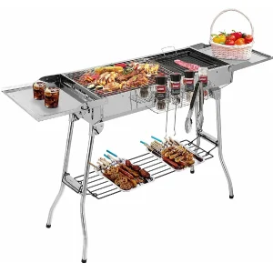 Houtskoolgrill Roestvrij Staal, Draagbare Kampeergrill Bbq Met Dubbele Opvouwbare Vleugels, Antiaanbakpan, Verstelbare Ventilatie