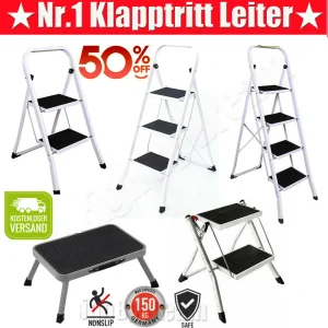 Opstapkruk, 1-2-3-4 treden, lichtgewicht opstapladder met leuning, vouwladder met antislipplatform, maximale belasting 150 kg