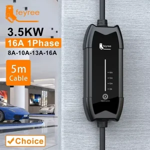 Feyree EV draagbare oplader 3,5 kW Type2-connector 16A eenfase 5 m kabelstroom instelbaar voor autolader voor elektrische voertuigen
