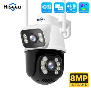 Hiseeu 8mp Wifi Survalance Camera Dual Screen & Dual Lens Color Night Vision Ai Auto Tracking Outdoor Draadloze Beveiligingscamera
