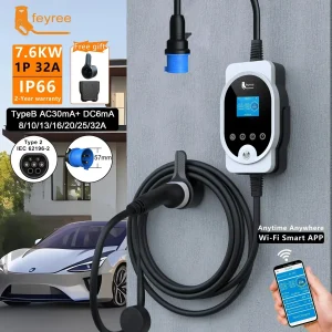 feyree EV-oplader Draagbaar Type2 7kW 32A 1P Snel opladen APP Wi-Fi-bediening per instelling van stroom en laadtijd voor elektrische auto