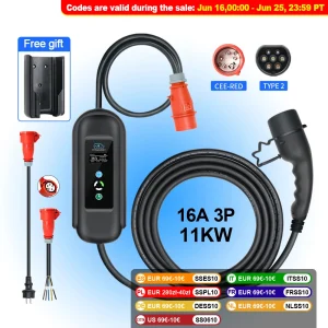 Kolanky Passen 16A 11KW Draagbare EV-oplader Type 2 Muurdoos Timer Opladen voor elektrische voertuigauto's EVSE Totale lengte 5M