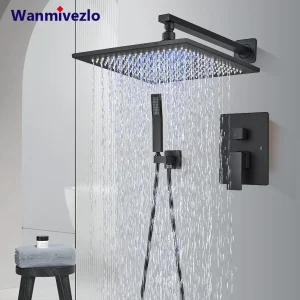 Matzwarte Led Badkamer Showkraan Regenval Douchekop Bad Water Kraan Wandgemonteerde Badkuip Douche Mixer Kraan Douche Set