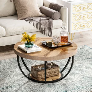 Tribesigns 31,7" ronde salontafel, industriële 2-laags ronde salontafel met opbergplanken, moderne houten bank bijzettafel