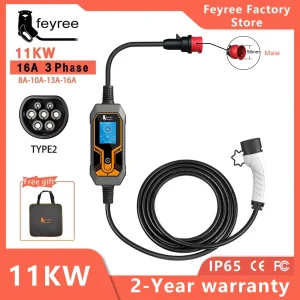 Feyree 11kW 16A 3-fase EV draagbare oplader Type2 5M kabel EVSE oplaaddoos elektrische autolader CEE-stekker voor elektrisch voertuig