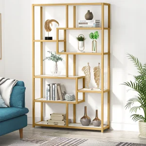 Tribesigns Boekenkast Boekenkast, Gouden 8 Open Plank Etagere Boekenkast Met Faux Marmer, Moderne Boekenplanken Display Plank