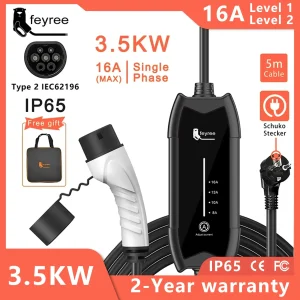 Feyree Type2 3.5kw 16a 1 Fase Ev Oplader Draagbare Oplaaddoos Huidige Verstelbare 5M Kabel Oplaadstation Voor Elektrische Voertuigen