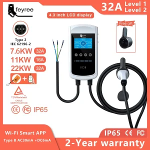 Feyree Type2 EV-oplader 32A 7,6KW laadstation Autolader 11KW 22KW 3 fase EVSE Wallbox 4,3 inch scherm Smart APP-bediening