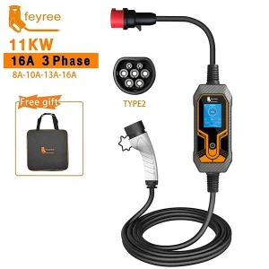 Feyree 11KW 16A EV Draagbare Oplader Type2 EVSE Oplaaddoos Elektrische Autolader CEE Plug IEC62196-2 Oplader voor Elektrische Voertuigen