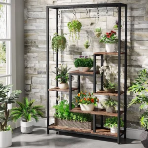Tribesigns 5-laags hoge plantenstandaard voor binnen, 70,9 inch grote metalen plantenplank met 10 PC S ophanghaken voor tuin
