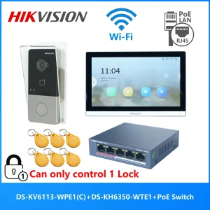 Hikvision Meertalige 802.3af Poe Video Intercom Kit, Inclusief DS-KV6113-WPE1(C) & DS-KH6350-WTE1 & Poe Schakelaar