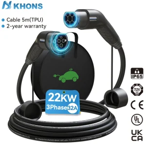 Khons EV-oplaadkabel Type2 naar Type2 opladerkabel 22kw 32A EV-oplader Vrouwelijke stekker naar mannelijke stekker EVSE Opladen 5M TPU-kabel