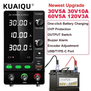 KUAIQU Nieuwste batterij opladen Verstelbare DC-voeding 30V 10A 60V 120V 3A OCP, encoderknop, vooraf ingestelde stroomuitgang USB-C /A