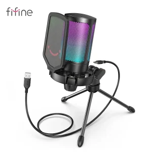 FIFINE Ampligame USB-microfoon voor gaming-streaming met popfilter shockmount en versterkingsregeling, condensatormicrofoon voor pc/MAC