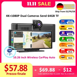 ESSGOO 10.26 Auto DVR 4K Camera Draadloze Carplay Android auto Ai Scherm Dash Cam Dual Len Video Recorder GPS navigatie Dashboard