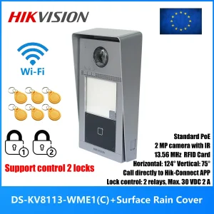 Hikvision DS-KV8113-WME1 Met 1 Knop (C) Oppervlakte-Mounut Ip-Deurbel, Bediening 2 Sloten, Wifi-Deurtelefoon, Video-Intercom, Ic-Kaartontgrendeling