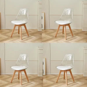 Set Van 4 Transparante Eetkamerstoel Houten Poten Moderne Comfortabele Pu Stoel Voor Keuken Slaapkamer Woonkamer Keukenmeubelen