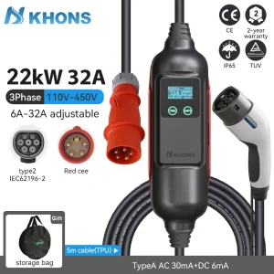 Khons 22kw EV-oplader 3 fase elektrische autolader Type2 32A IEC62196-2 oplaadkabel CEE-stekker laadstation voor elektrische auto's