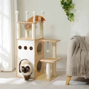 Moderne Kattenboom Houten Kattentoren Met 2 Verdiepingen Flat Kattenmeubilair Met Kattenkrabpalen Capsule Nest En Bungelende Ballen