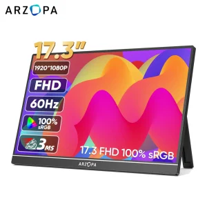 ARZOPA 17.3 FHD draagbare monitor 1080P extern display IPS-scherm met USB C mini-HDMI-poort voor laptop Mac PC Xbox PS Switch