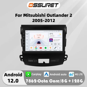 9 "Android 12 Autoradio Carplay Voor Mitsubishi Outlander 2/Peugeot 4007/Citroen C-Rosser Multimedia Videospeler 4G Gps Stereo Fm