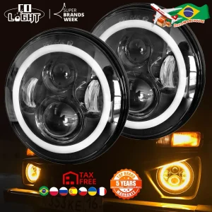 CO LICHT 7 Inch Led Koplamp H4 DRL Ronde 7 ''Koplampen met Geel & Wit Angel Eye voor Jeep Wrangler Lada Niva 4x4 50W 30W