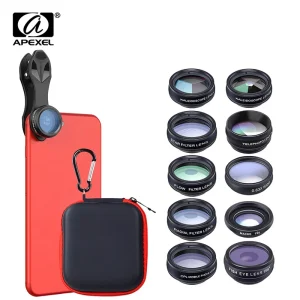 Apexel 10 In 1 Telefoon Camera Lens Kit Fisheye Groothoek Macro Lens Cpl Filter Caleidoscoop En 2x Telescooplens Voor Smartphones