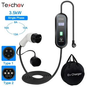 Teschev 3.5KW 16A EV Draagbare Oplader Type2 EVSE Oplaaddoos Elektrische Autolader J1772 Type1 Oplader voor Elektrische Voertuigen