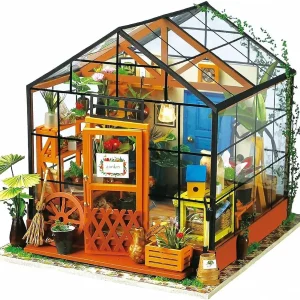 Robottime Mini Groen Huis Cathy 'S Bloemenhuis Diy Poppenhuis Houten Miniatuur Meubelkit Met Led Beste Verjaardagscadeaus
