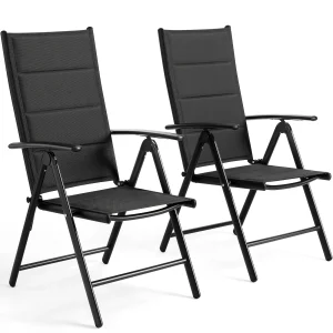 Aluminium opvouwbare tuinstoel, lounge rugleuning 7 verstelbare instellingen, met armleuningen, weerbestendige buitenstoelen zwart, grijs