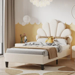 Eenpersoonsbed van 90 x 200 cm voor tieners en volwassenen, beige fluwelen stof met bloemvormig hoofdbord en lattenbodem