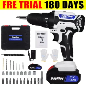 DayPlus 21V draagbare draadloze boormachineset slagschroevendraaier met 1500mAh Li-ion batterij 25+1 koppelinstelling 45N.m
