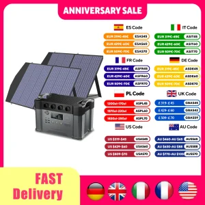 ALLPOWERS zonnegenerator 2400W batterijlader, 110V / 230V zuivere sinus AC-uitgang met 2 × 100W draagbaar zonnepaneel voor buitenshuis
