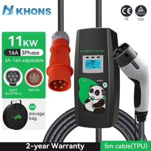 Khons 11KW 16A EV Draagbare Oplader Type2 EVSE Oplaaddoos Drie Fase Elektrische Autolader 5m Kabel