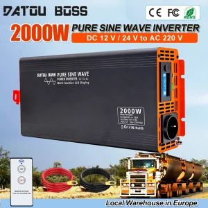 DATOUBOSS 12V/24V Zuivere Sinus Inverter 2000W DC naar AC 220V Stroomomvormer Truck Zonne-energie Inverter met AC USB Type C LCD