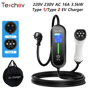 Teschev 220V 230V Ev Oplader Type2 16a 3.5kw Elektrische Auto Oplaadkabel Type1 Wallbox Mode 2 Evse Voor Elektrische Voertuigen