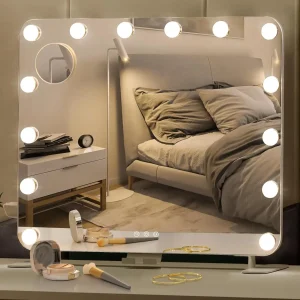 Verlichte make-upspiegel met 14 dimbare LED-lampen Make-upspiegel met USB voor kleedkamer Slaapkamer, tafelblad 60x50cm