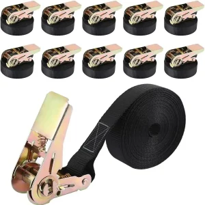 10 Stuks Ratelbandjes Met Stropdassen, Spanbanden 25Mm/6M, 0.8T Pull, Polyester Zwart, Sgs Tüv