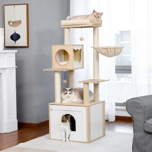 Kattenboom Met Kattenbak Behuizing Grote Houten Kattentoren Met Opbergkast En Gezellige Cat Condo Sisal Overdekte Krabpaal