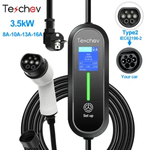 Teschev 16A 3.5kW EV Draagbare Oplader Type2 Kabel 220V EVSE Opladen Wallbox Autolader voor Elektrisch Voertuig