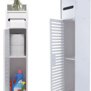 Badkameropbergkast 3-laags vloerkastorganizer met deur Vrijstaande toiletrolhouder Smalle toiletopbergkast