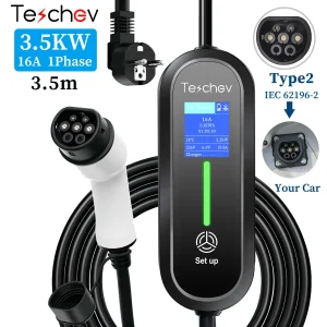 Teschev 220V draagbare EV-oplader Type2 Wallbox 3,5KW 8A tot 16A 1 fase Type1 J1772 IP65 gratis geschenk EV-tas