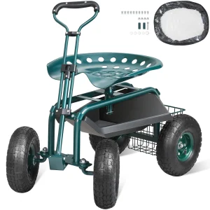 SucceBuy Tuinwagen Rollende werkstoel met wielen Tuinkruk voor planten 360 graden draaibare stoel Wagon Scooter met stuurinrichting