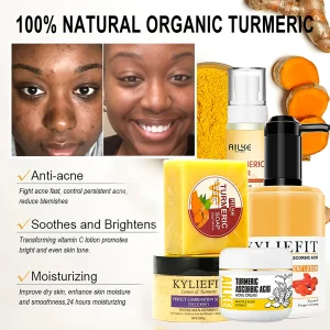 Ailke Biologische Kurkuma Huidverzorgingsset, Acne Verminderen, Huid Reinigen, Exfoliatie, Huid Witter Maken, Zelfs Huidskleur, Droge Huid Verbeteren