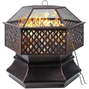 26'' Fire Bowl met vonkbescherming en grillrooster, buitenvuurplaats voor de tuin, 4-in-1 BBQ-grill met deksel, poker